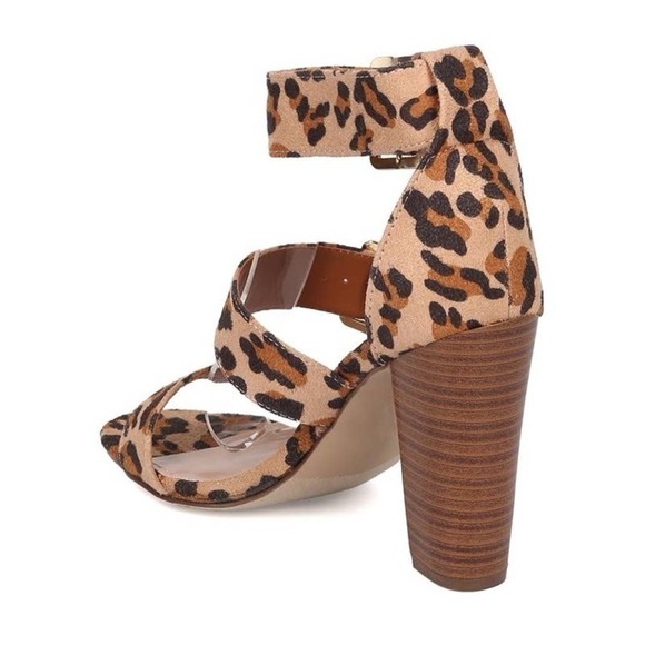 Leopard Faux Suede Open Toe TriBand Ankle Cuff Heel Sandal - Picture 3 of 10